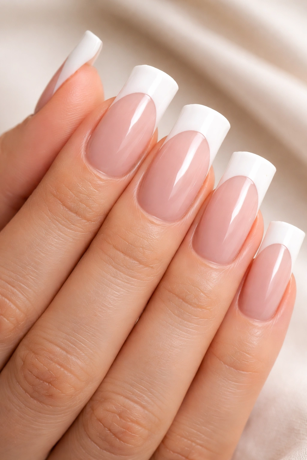 Close-up of duck nails with white French tips on a nude base