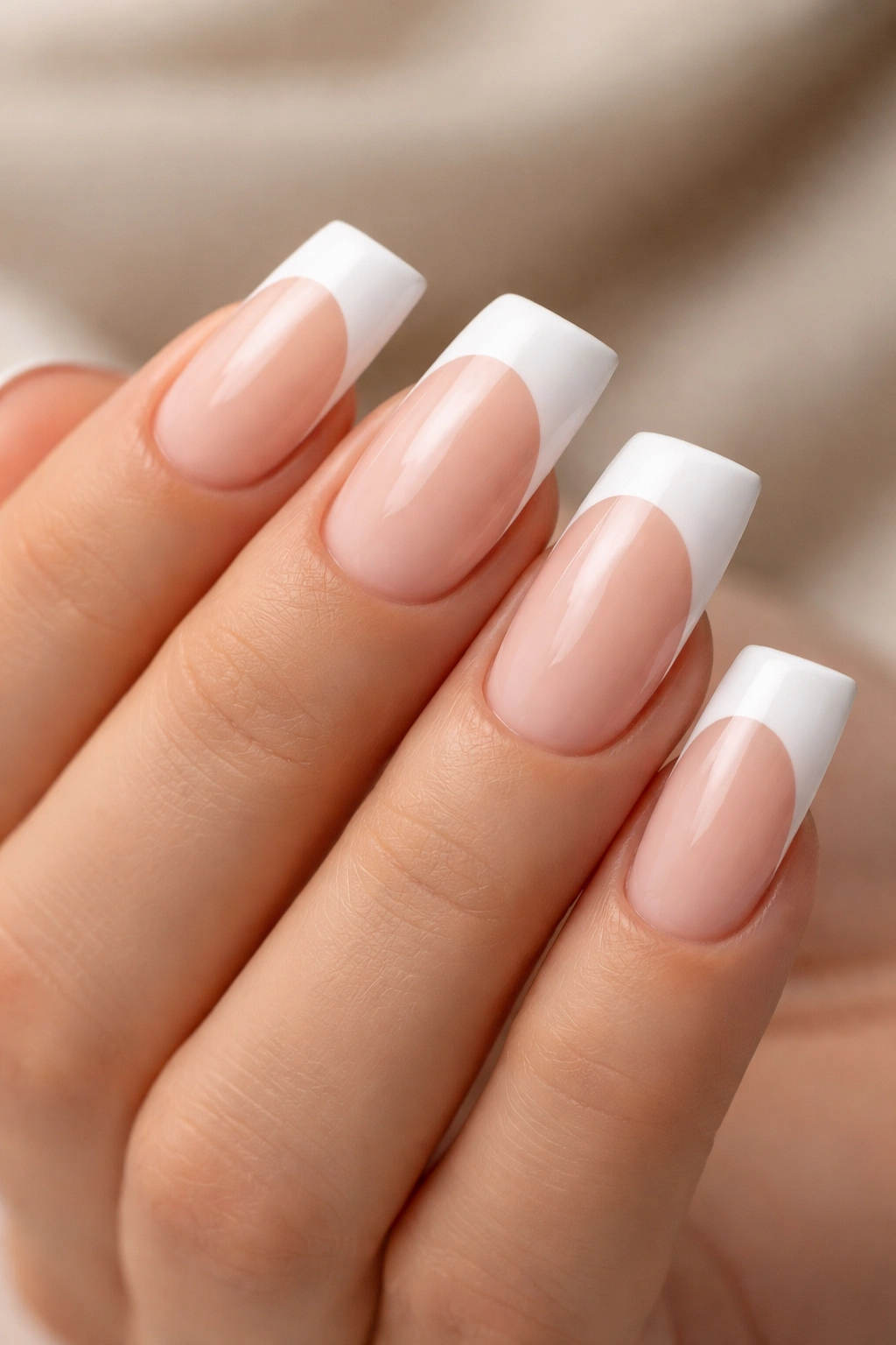Duck nails with classic white French tips on nude base