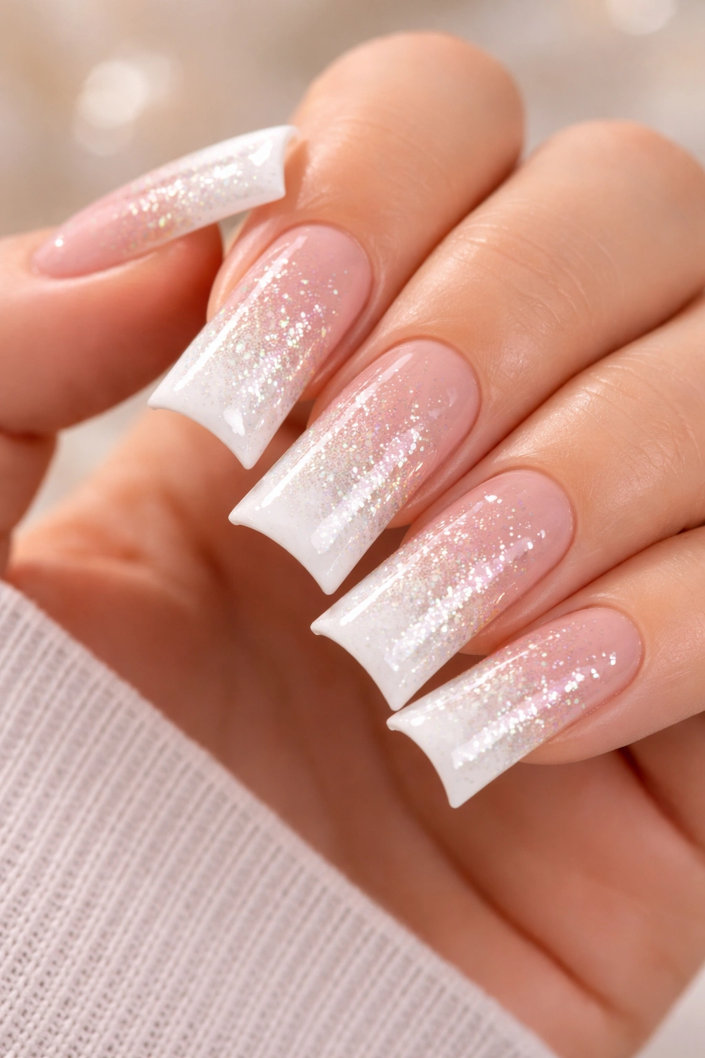 Close-up of duck nails with glitter gradient on white French tips
