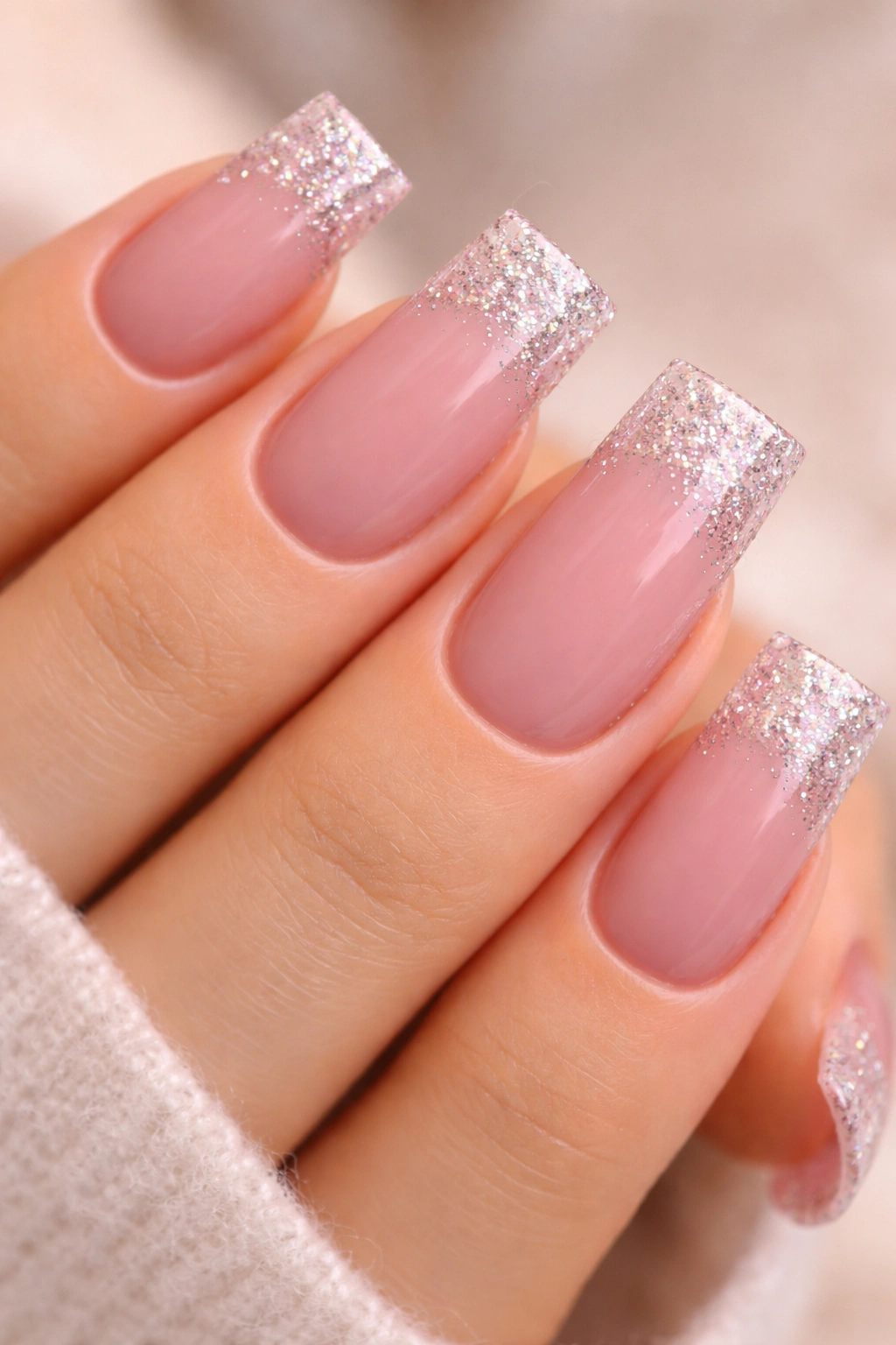 Close-up of duck nails with soft rose base and glitter tips on a pale hand
