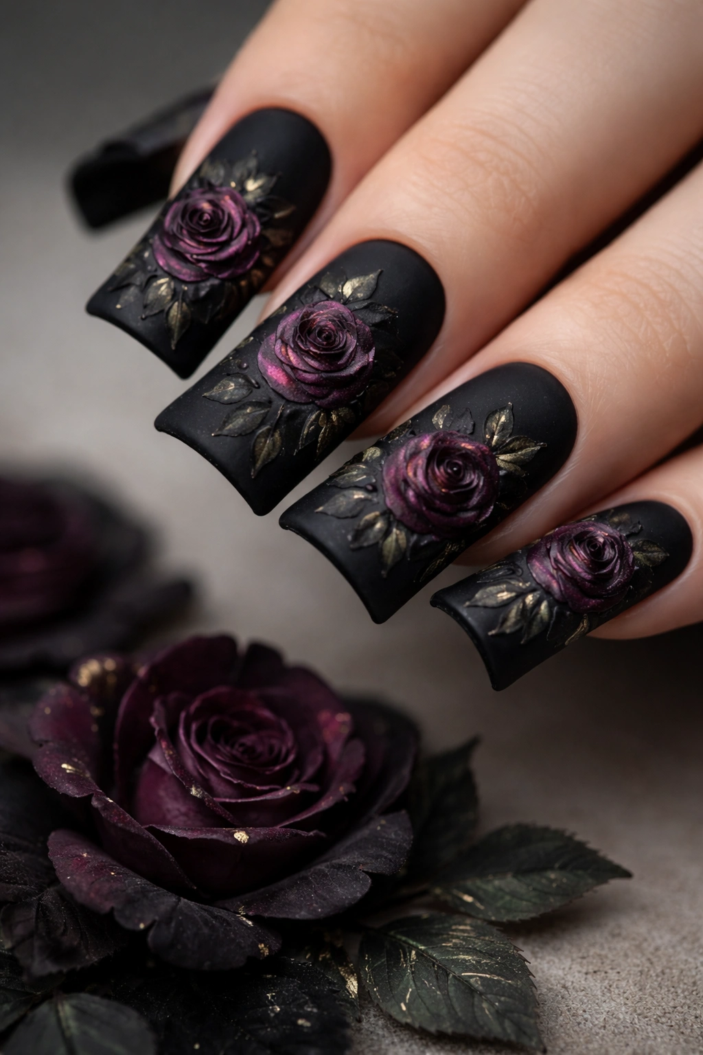 Close-up of duck nails with black base and gothic burgundy roses
