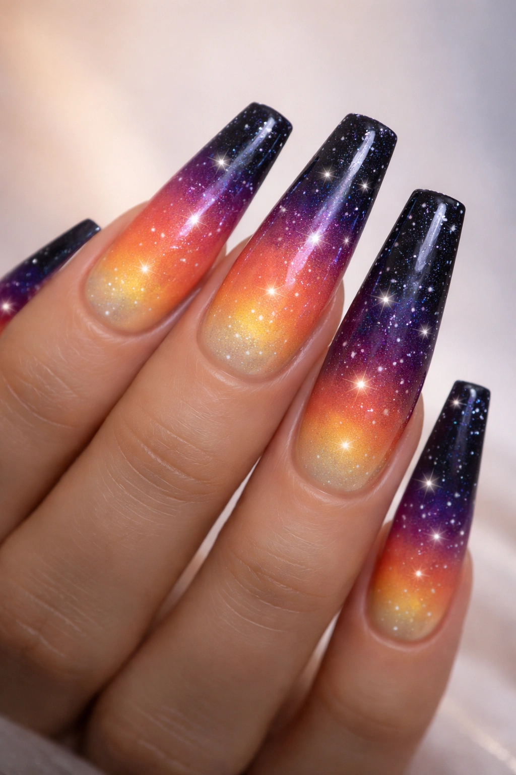Long duck nails with coral-to-night gradient and starry upper half on a neutral backdrop