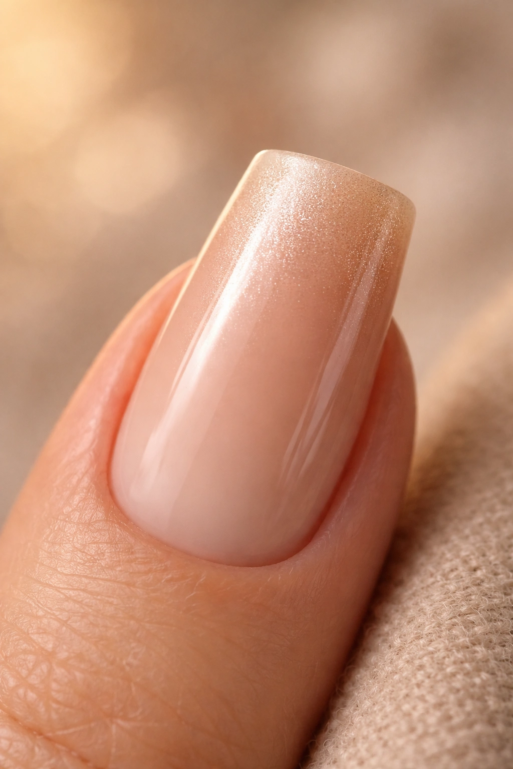 Close-up of a duck nail with champagne to nude gradient on a neutral background