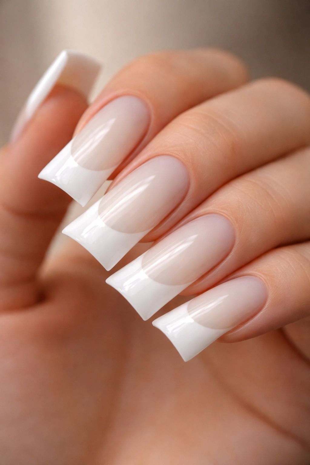 Close-up of duck nails with white edges and milky center gradient