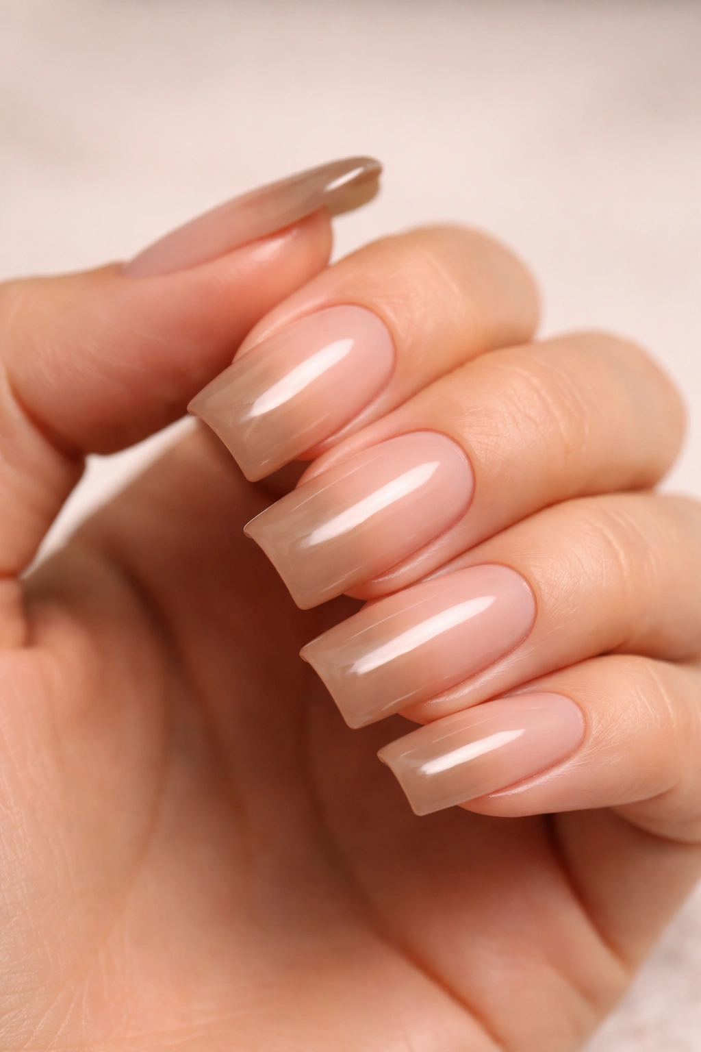 Close-up of nude gradient duck nails with subtle ombre on a hand