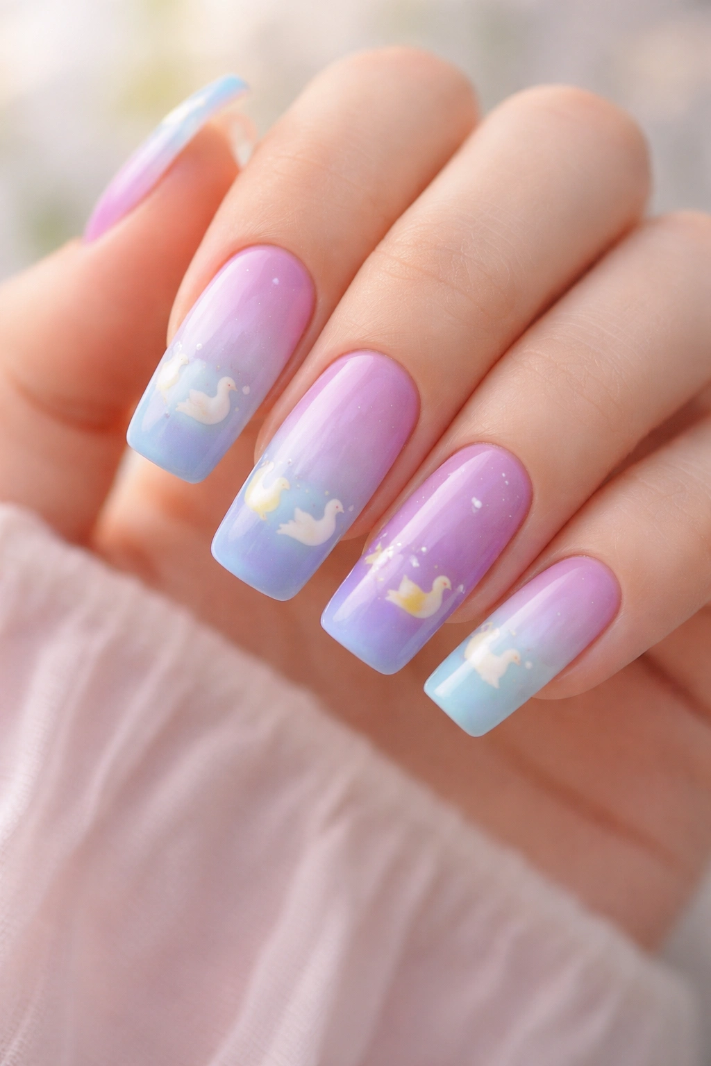 Close-up of long nails with an ombré gradient featuring blue to purple with duck silhouettes