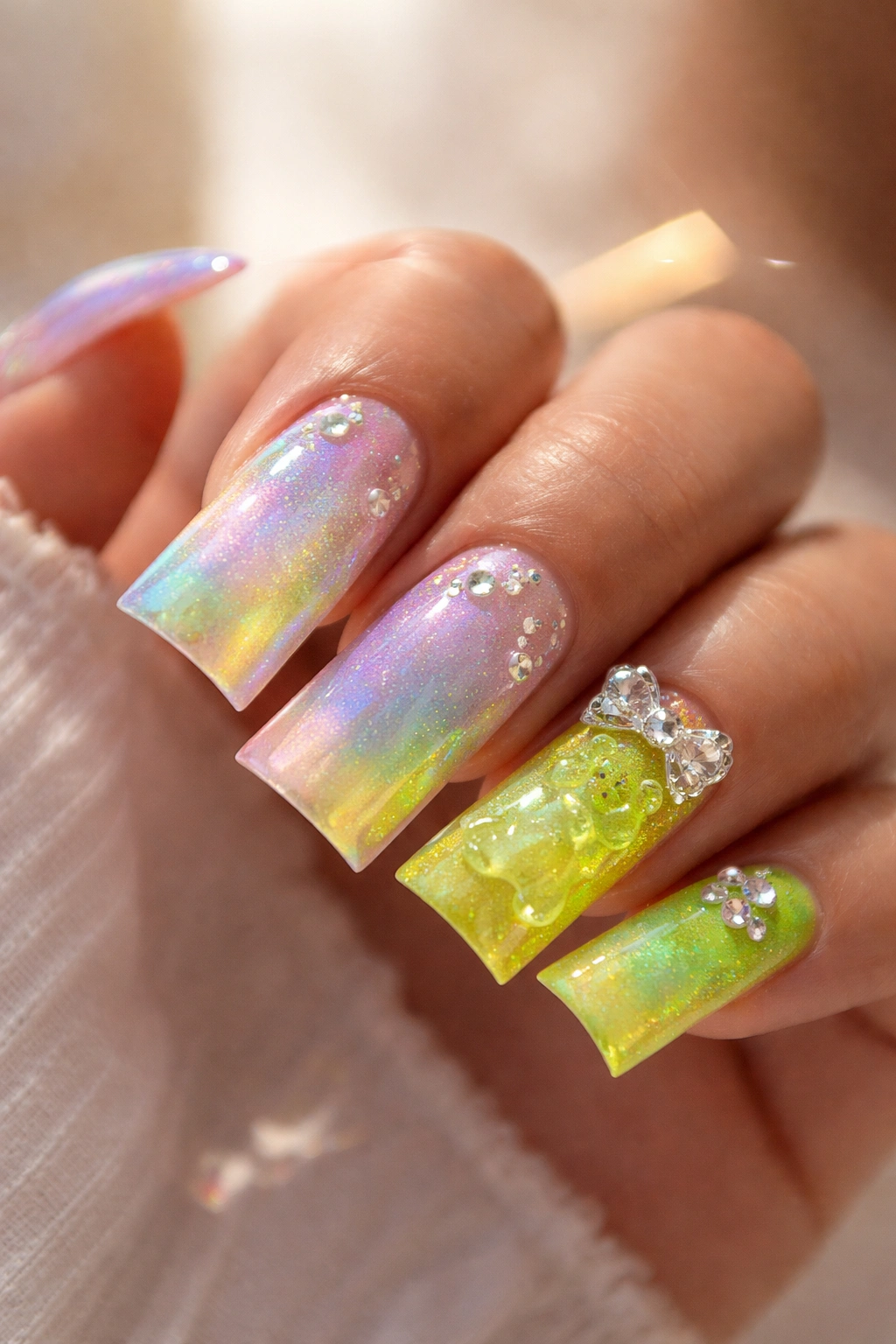 Close-up of a hand with duck nails in pastel holographic and neon glitter designs on a neutral background