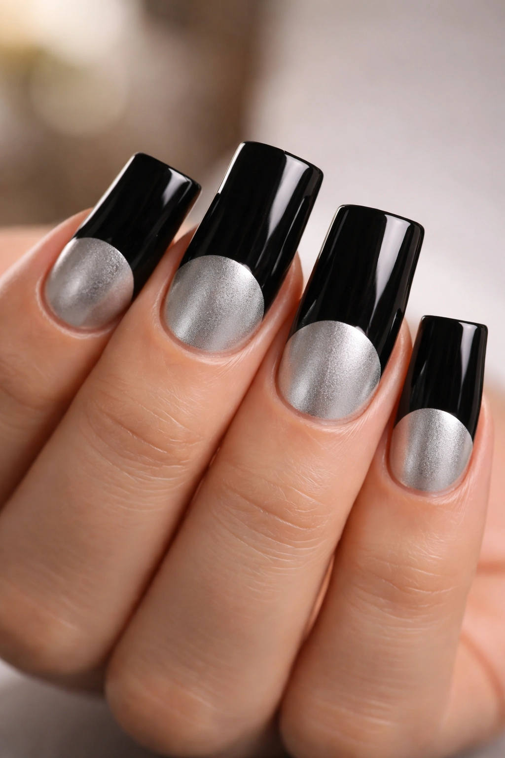 Duck nails with silver half-moon base and black tips.