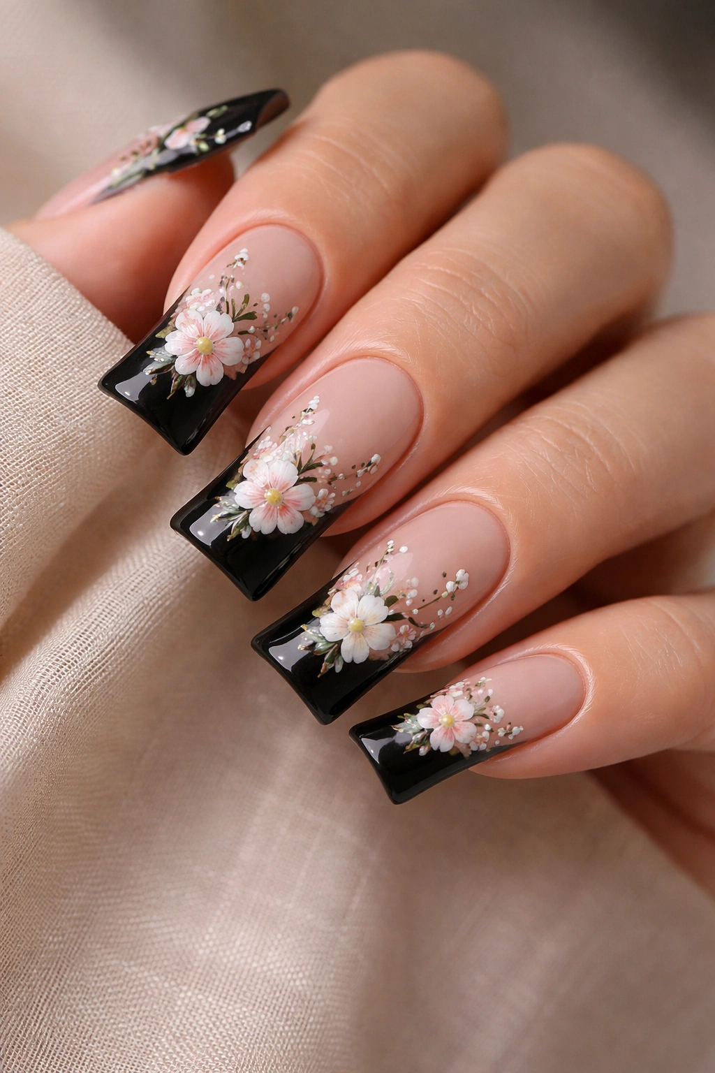 Close-up of duck nails with black tips and hand-painted floral details on nude base
