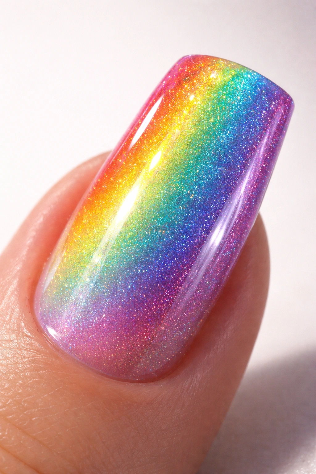 Duck nail with holographic rainbow gradient shimmering under light