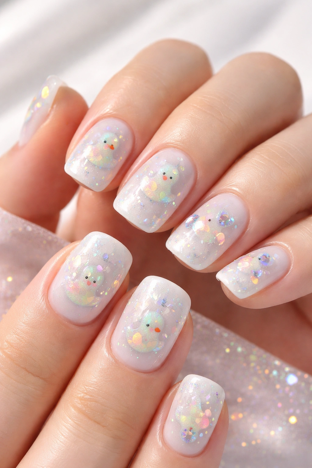 Close-up of short nails with shimmery white base, iridescent duck accents, and holographic details
