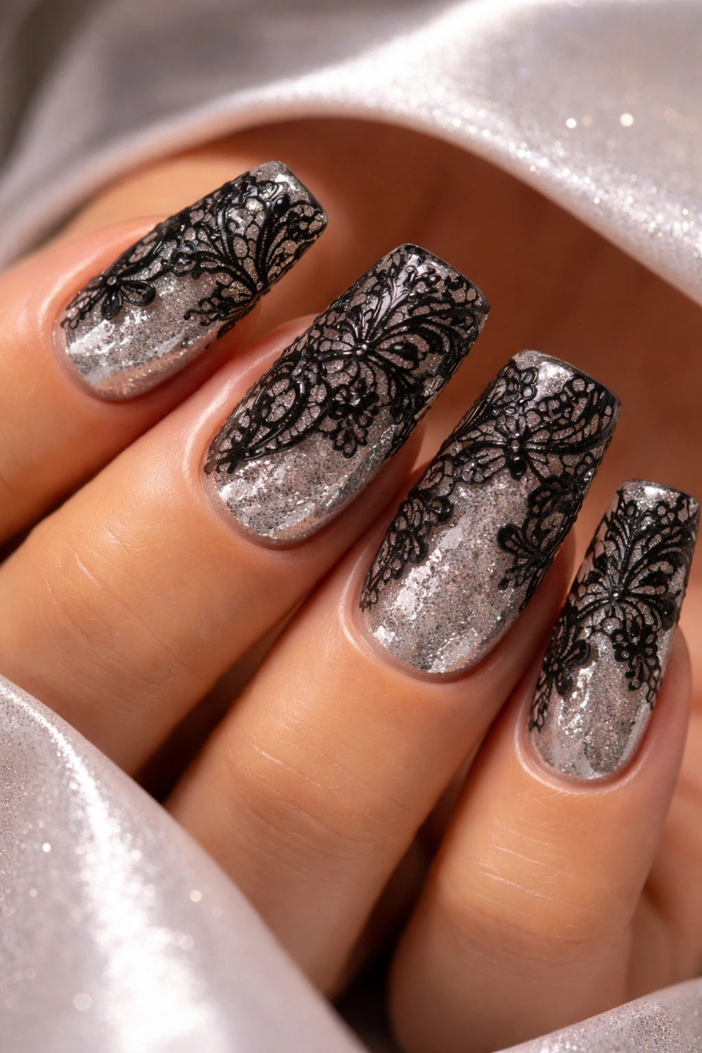 Duck nails with black lace over silver shimmer.