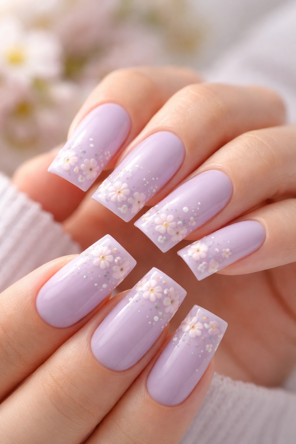 Duck nails in soft lavender with tiny flowers