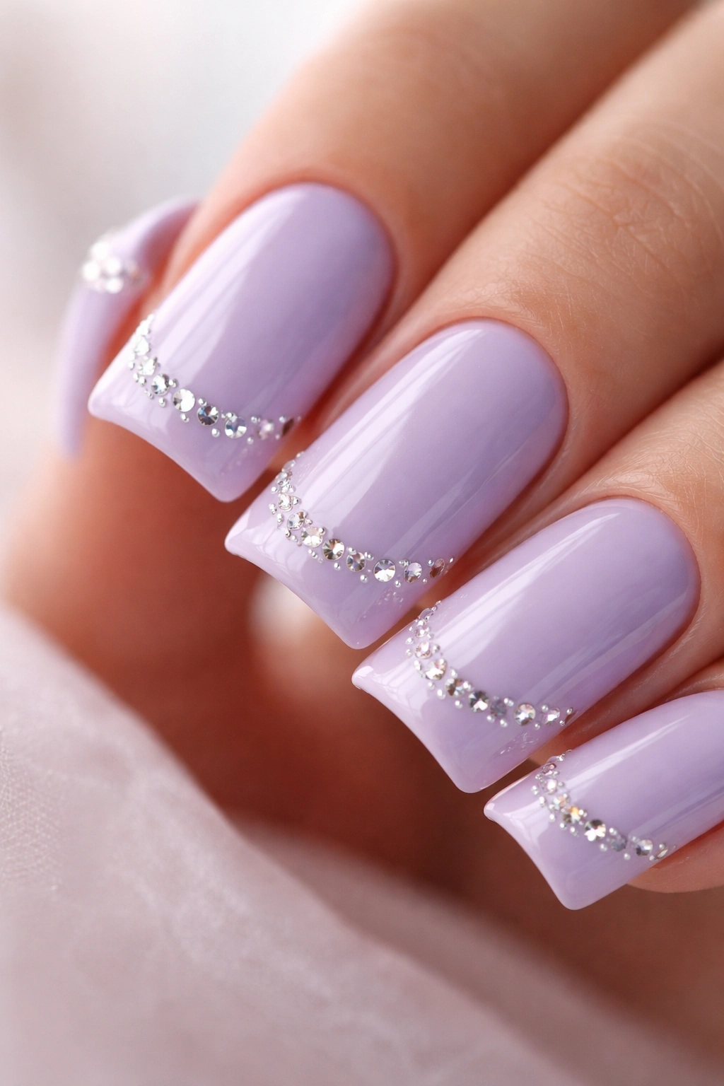 Duck nail in pastel lavender with small rhinestones for subtle sparkle