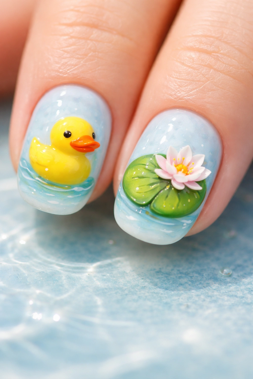Nail art of duck beside lily pad on blue water background