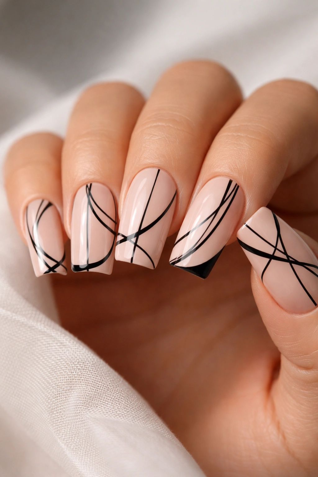 Duck nails with black line art on nude base