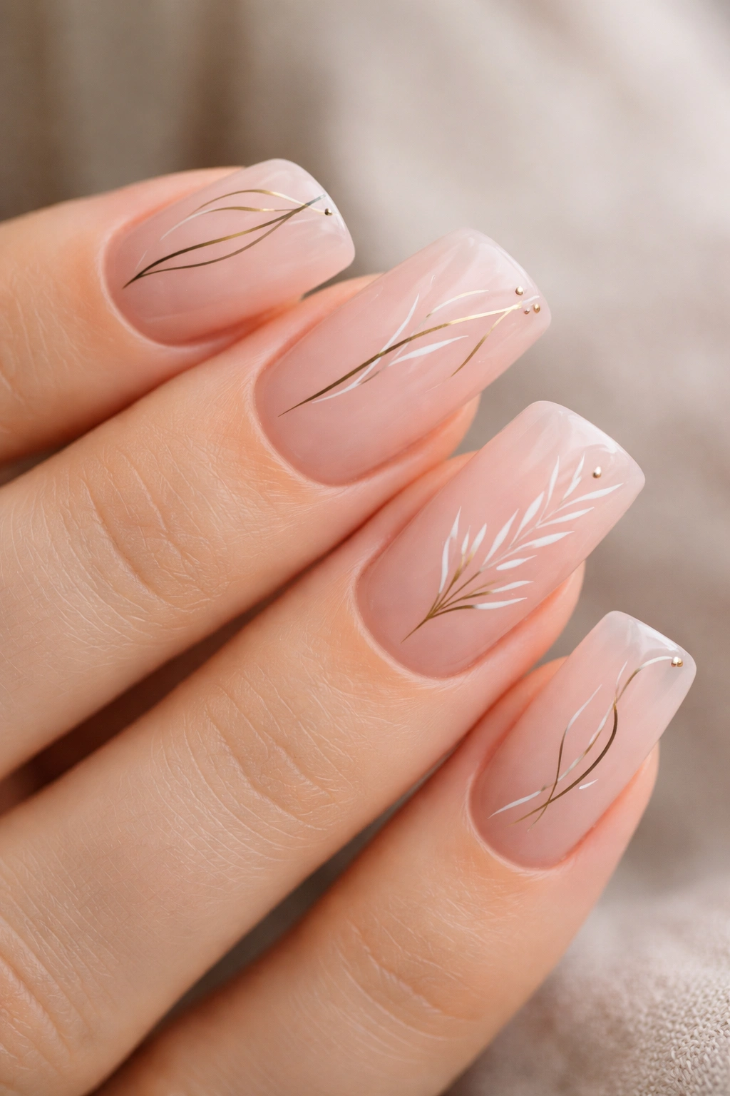 Sheer pink duck nails with delicate line art in fine lines