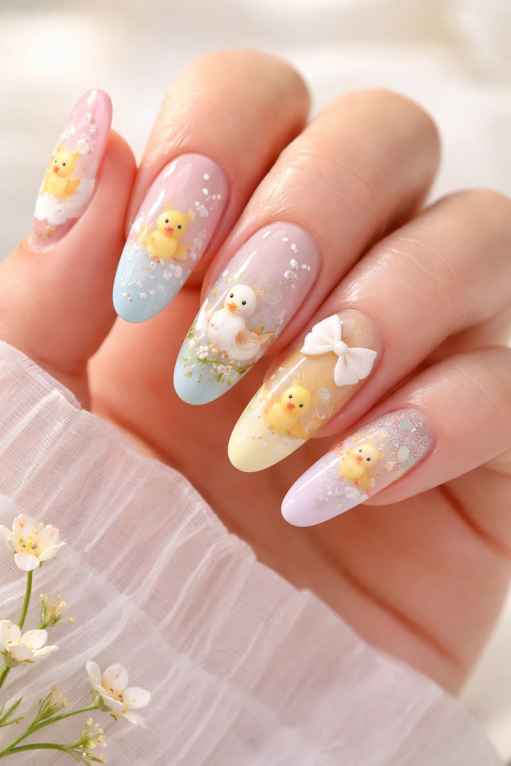 Close-up of long nails with duck-themed nail art in a clean studio setting