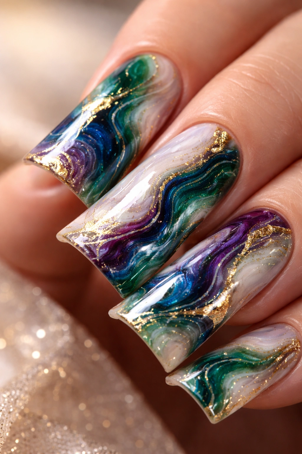 Duck nail with white base and jewel-tone marble swirls