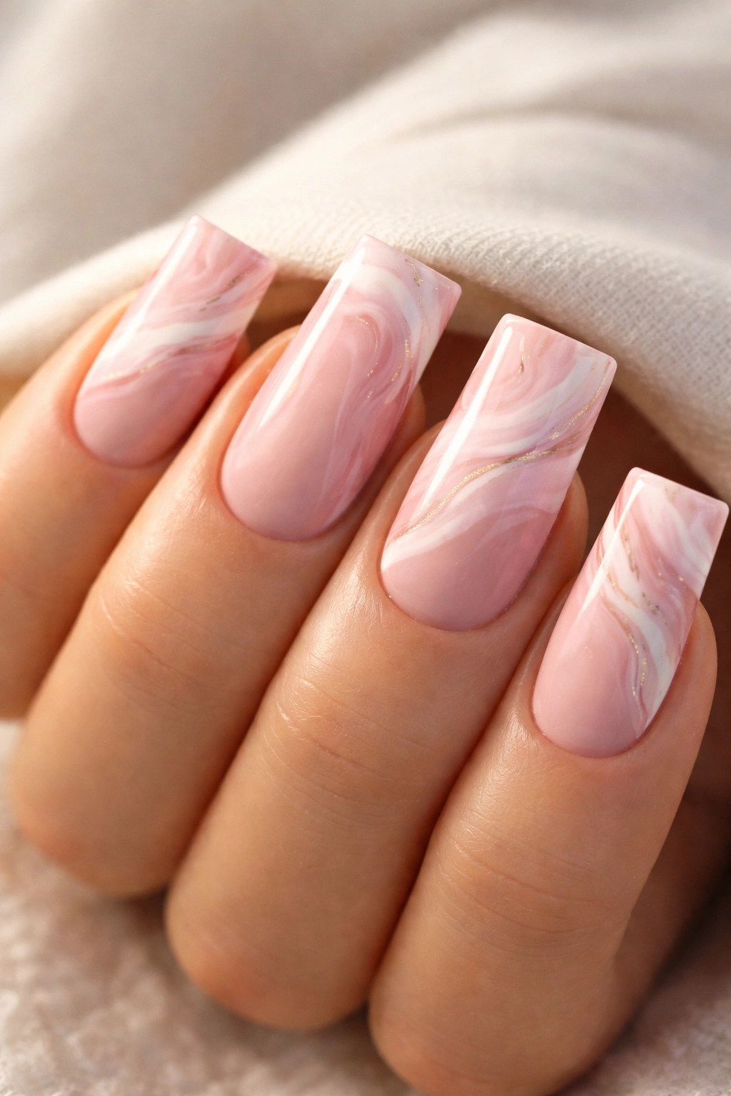 Duck nails with pink and white marble swirls on the tip