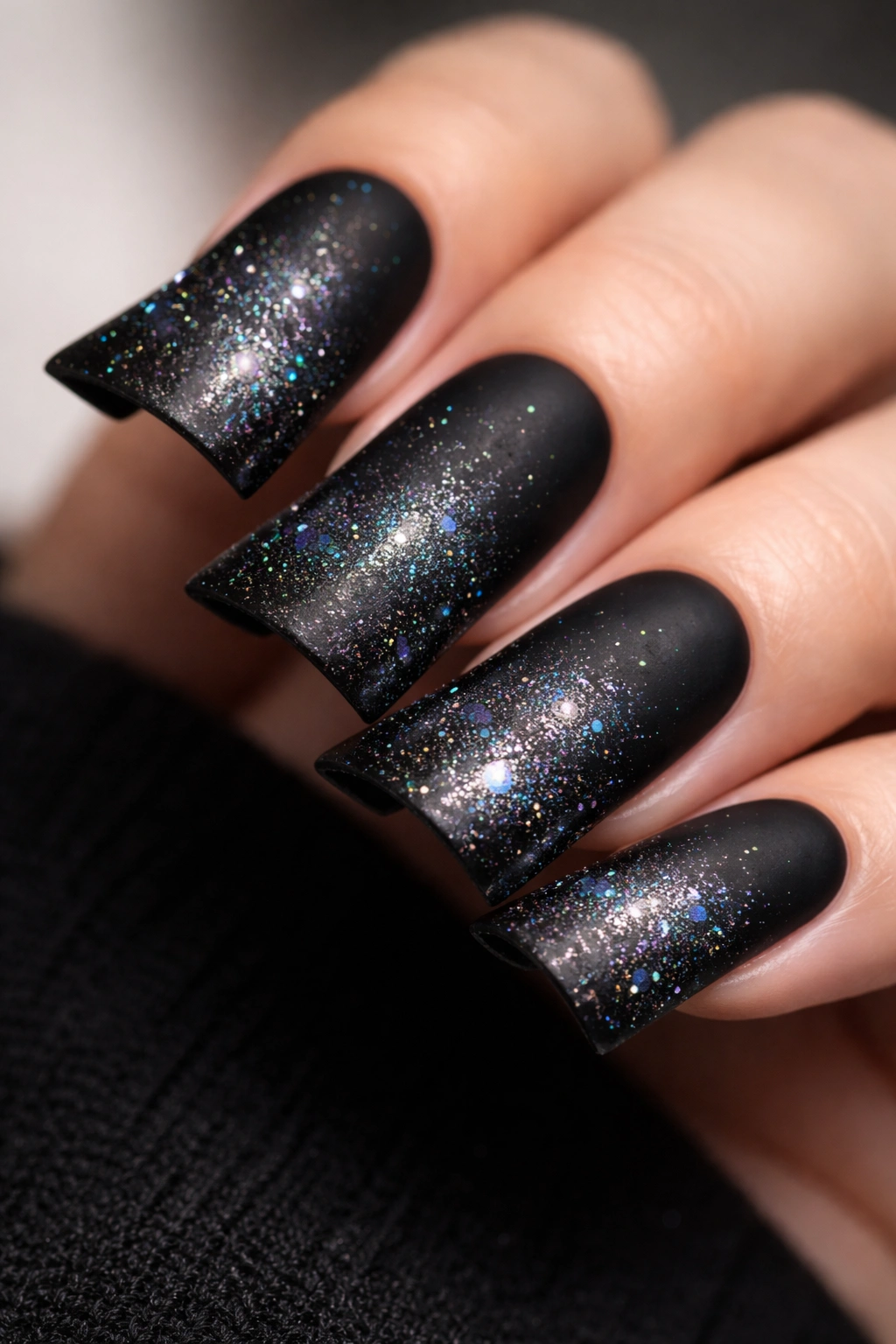 Duck nails matte black with holographic dust accents