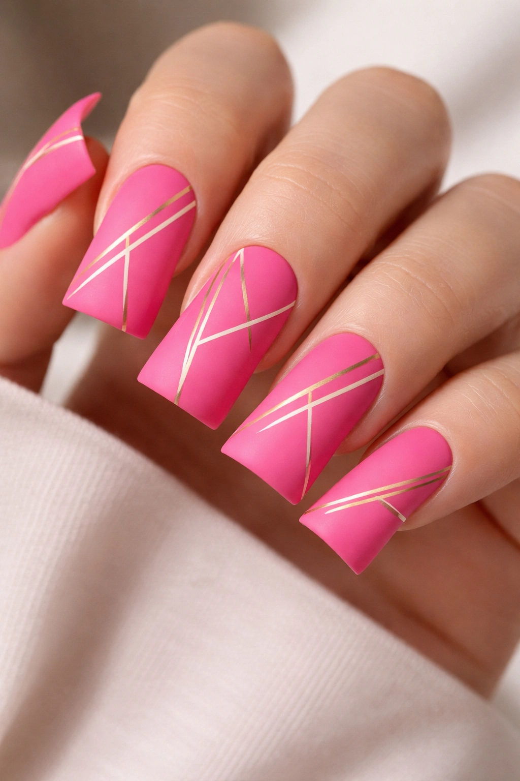 Matte hot pink duck nails with geometric line art in white and gold