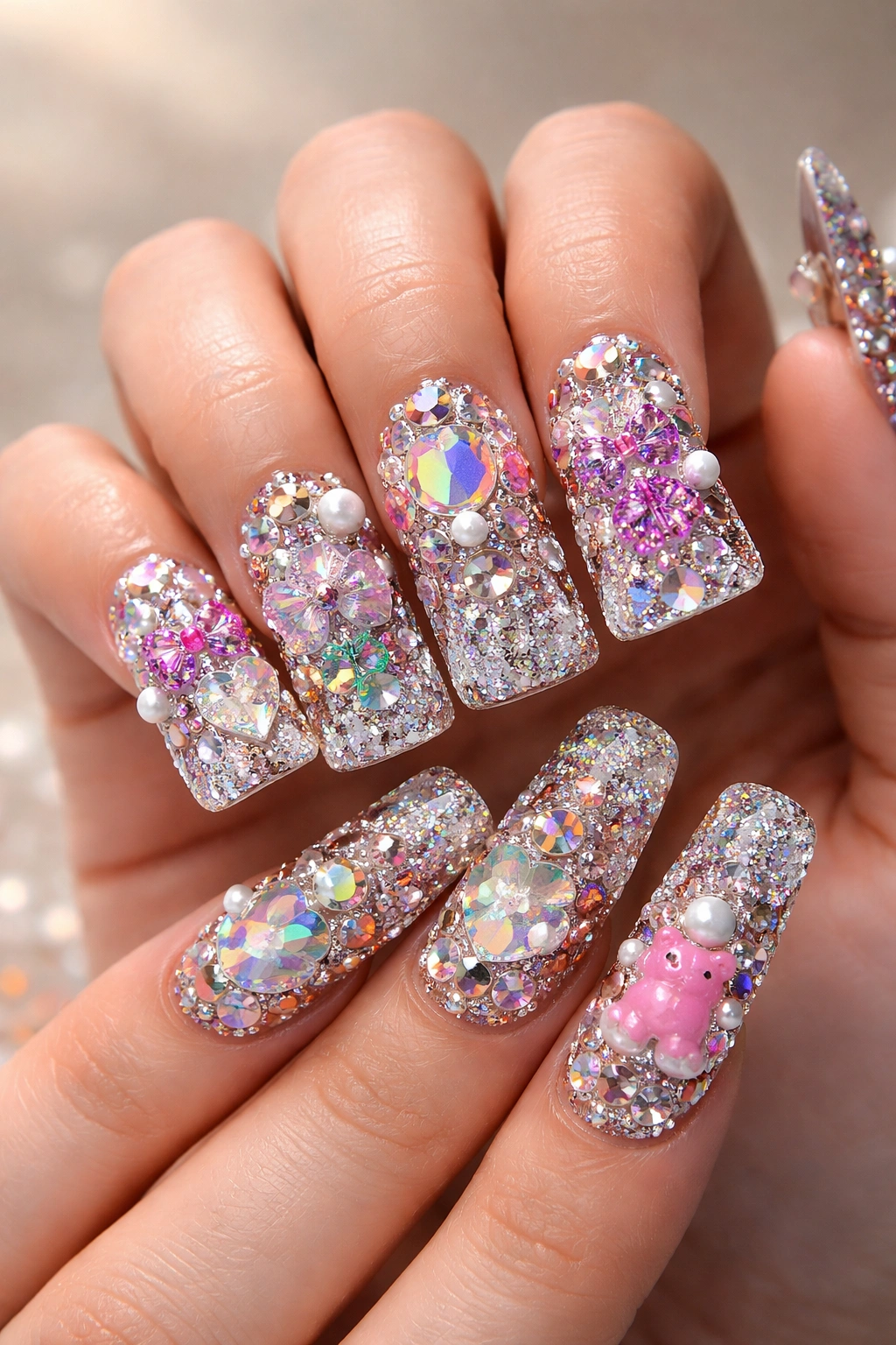 Close-up of a hand showing maximalist duck nails with rhinestones and glitter against a neutral backdrop