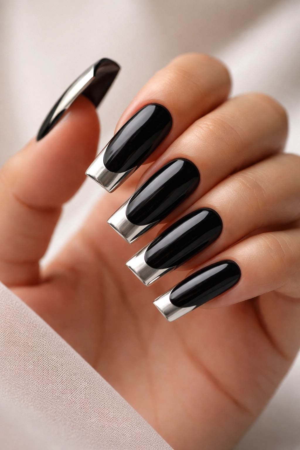 Black duck nails with metallic French tips on elongated nails.