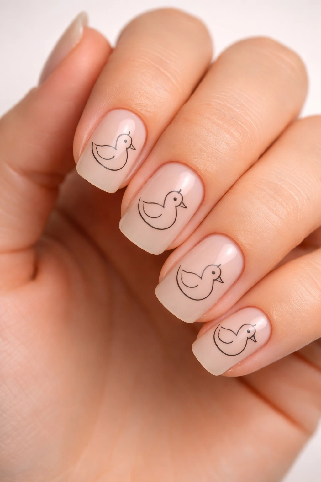 Close-up of minimalist line art duck nails on a hand