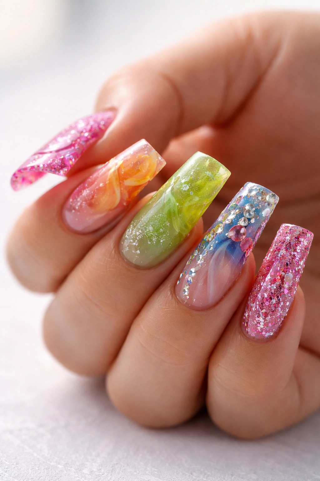 Close-up of elongated duck nails with thick polish and brush strokes, illustrating common mistakes.
