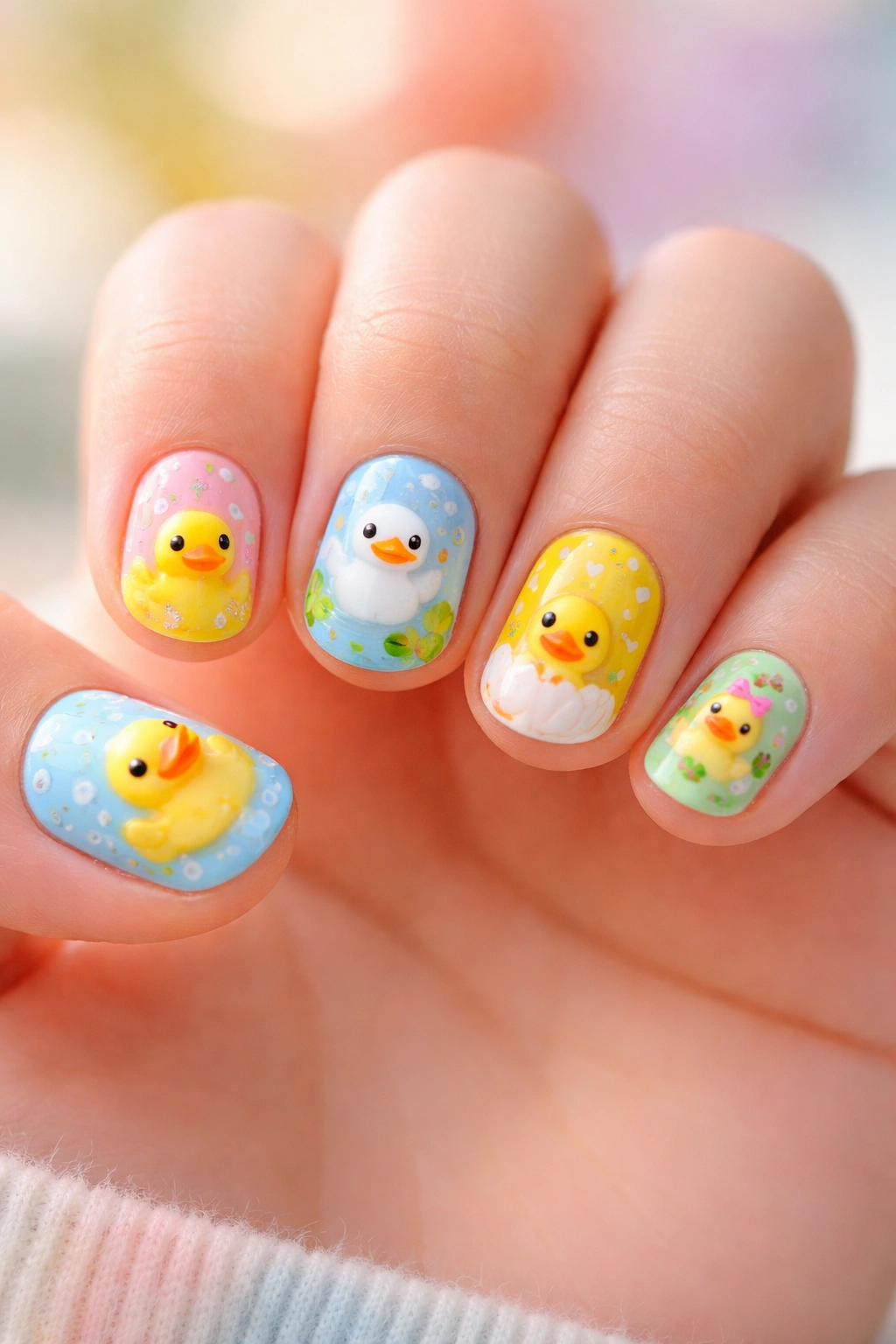 Close-up of a hand with duck-themed nail art on fingernails