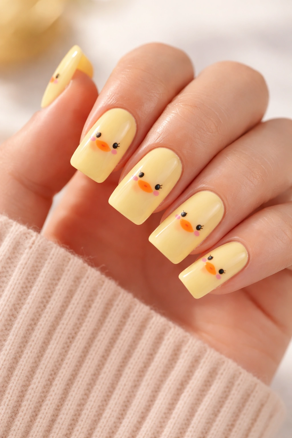 Close-up of duck nails with yellow base and duck faces, glossy finish for longevity