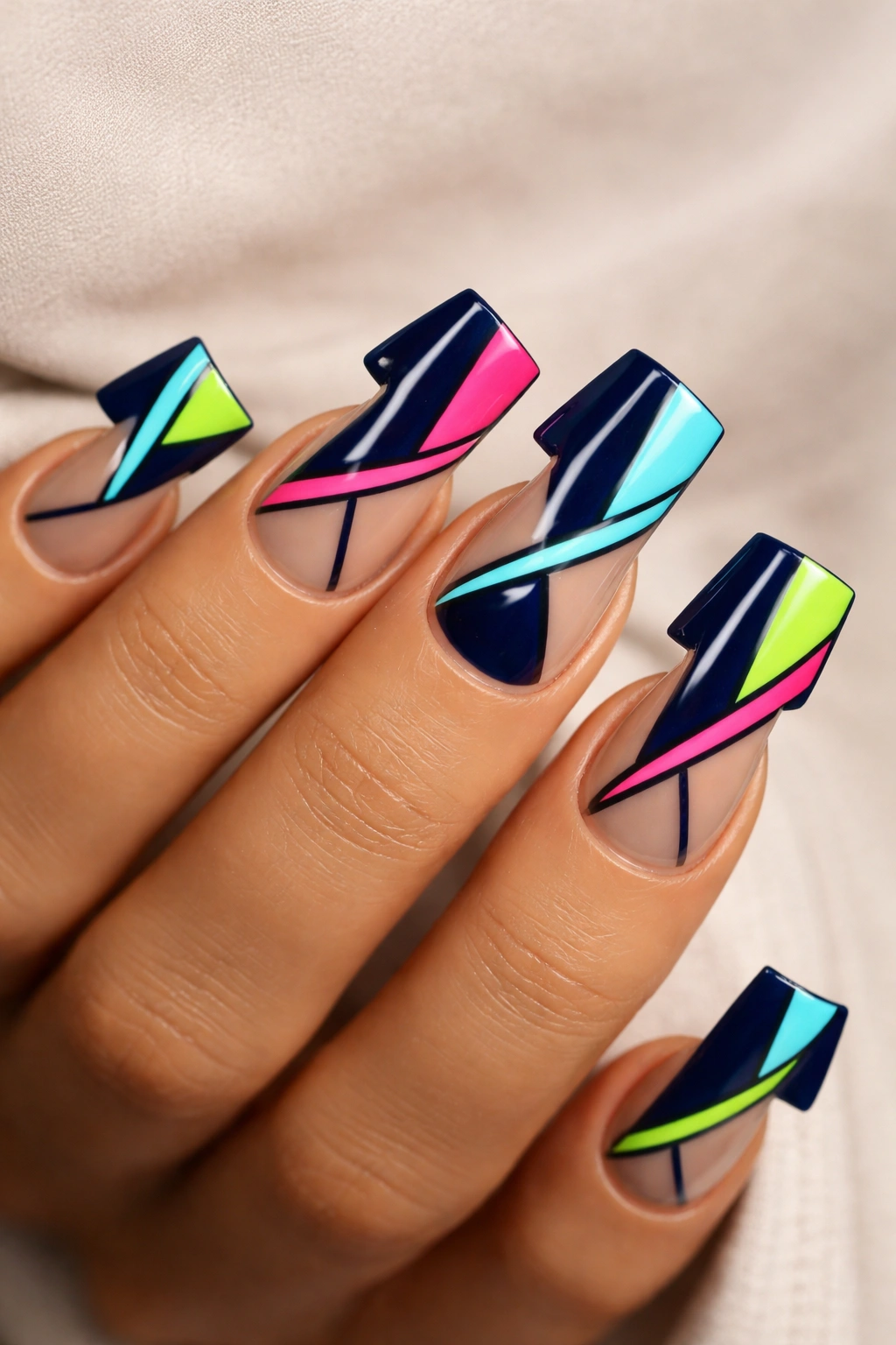 Duck nails with bold geometric negative-space design