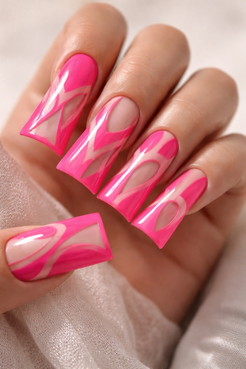 Hot pink duck nails with negative space geometric cutouts