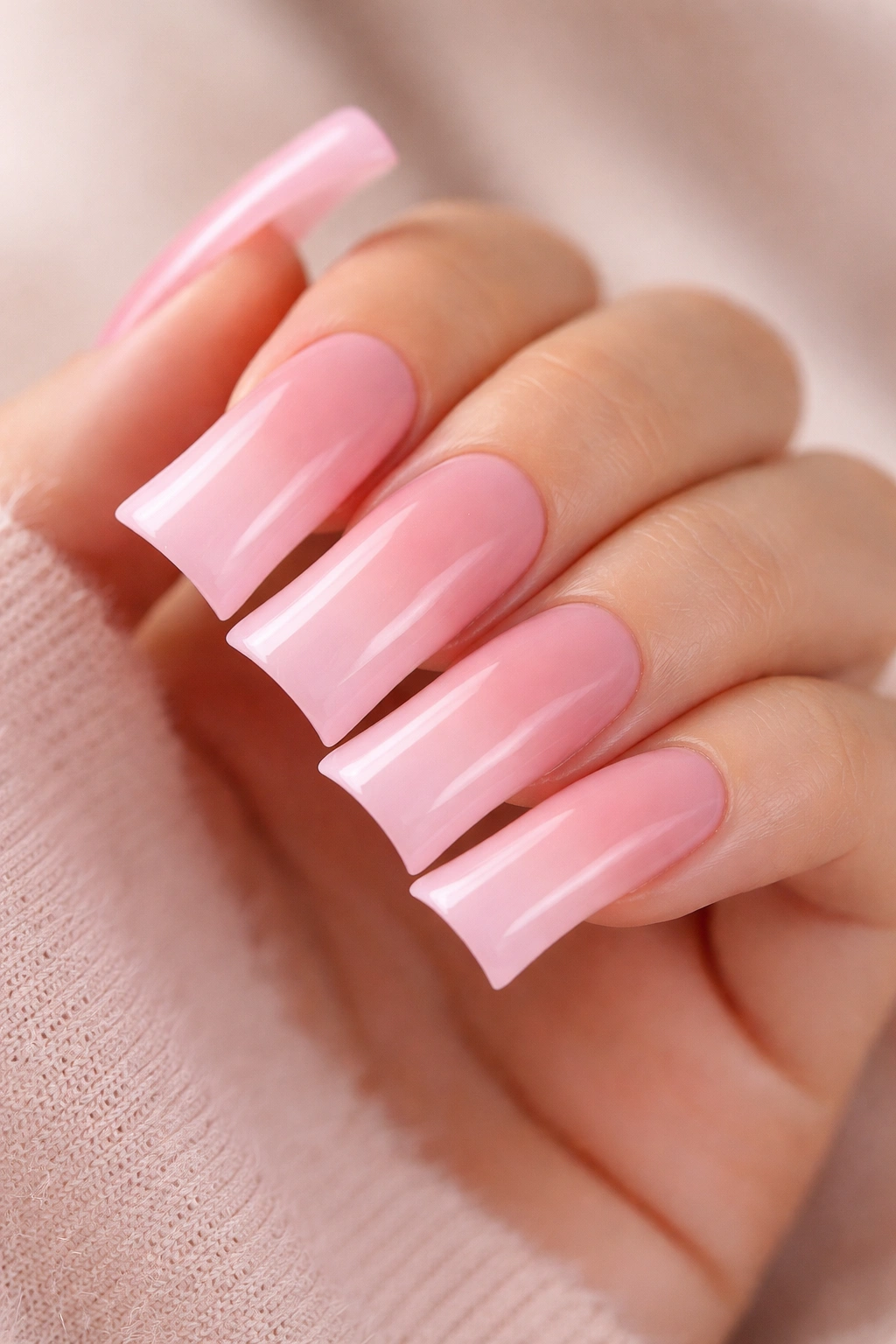 Close-up of duck nails with nude gradient