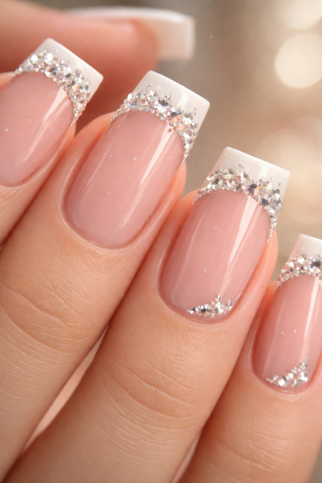 Nude pink duck nails with crystals along the white tip