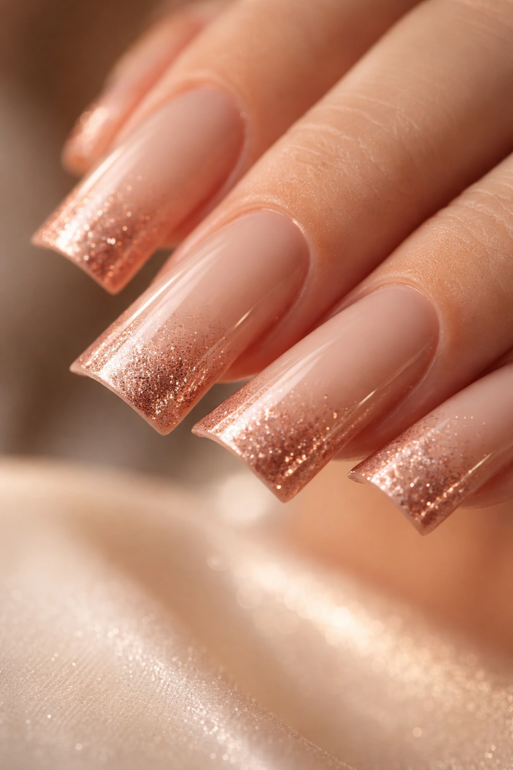 Duck nail with nude base transitioning to rose gold tip