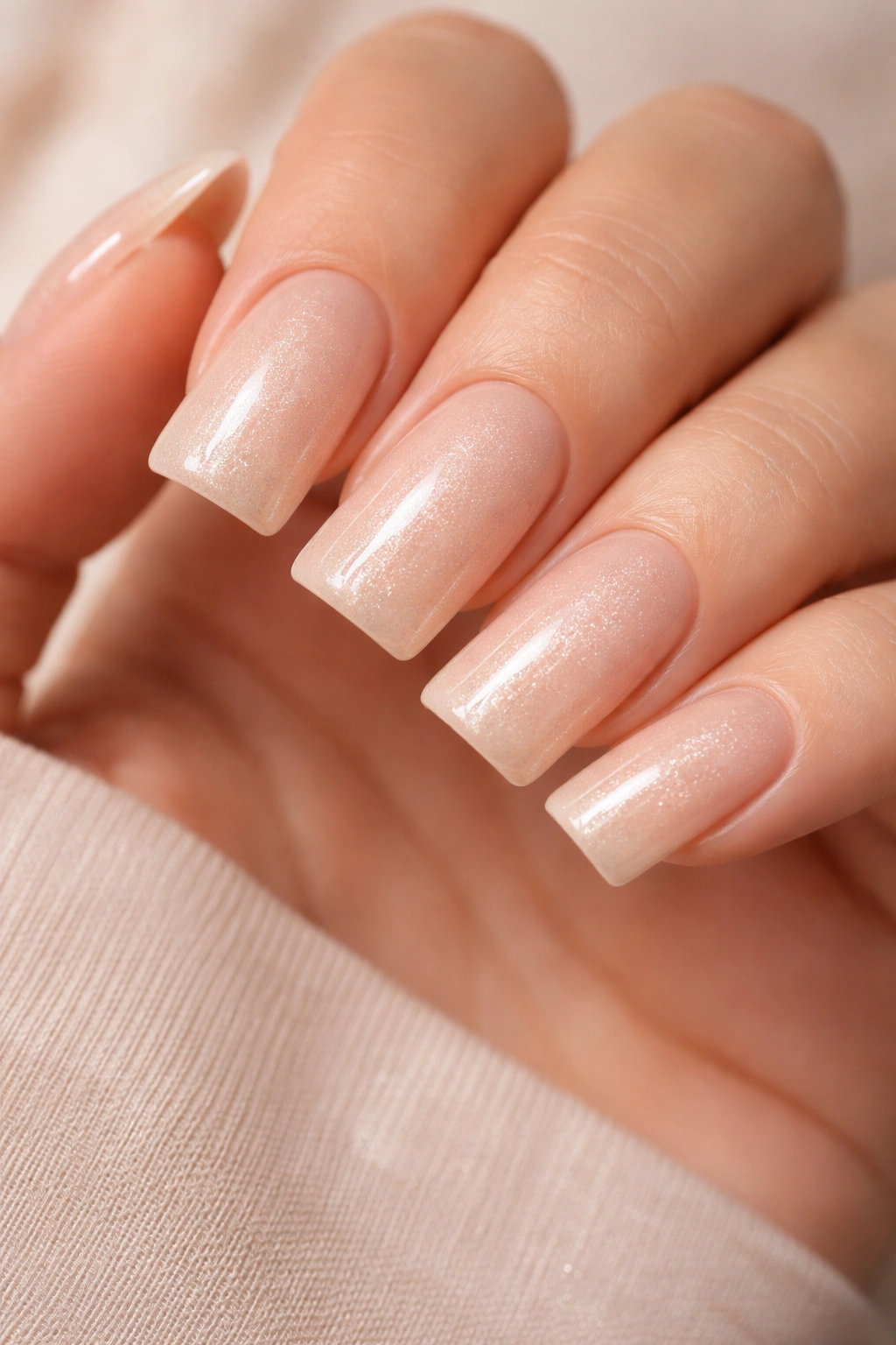 Duck nails with nude base and subtle shimmer