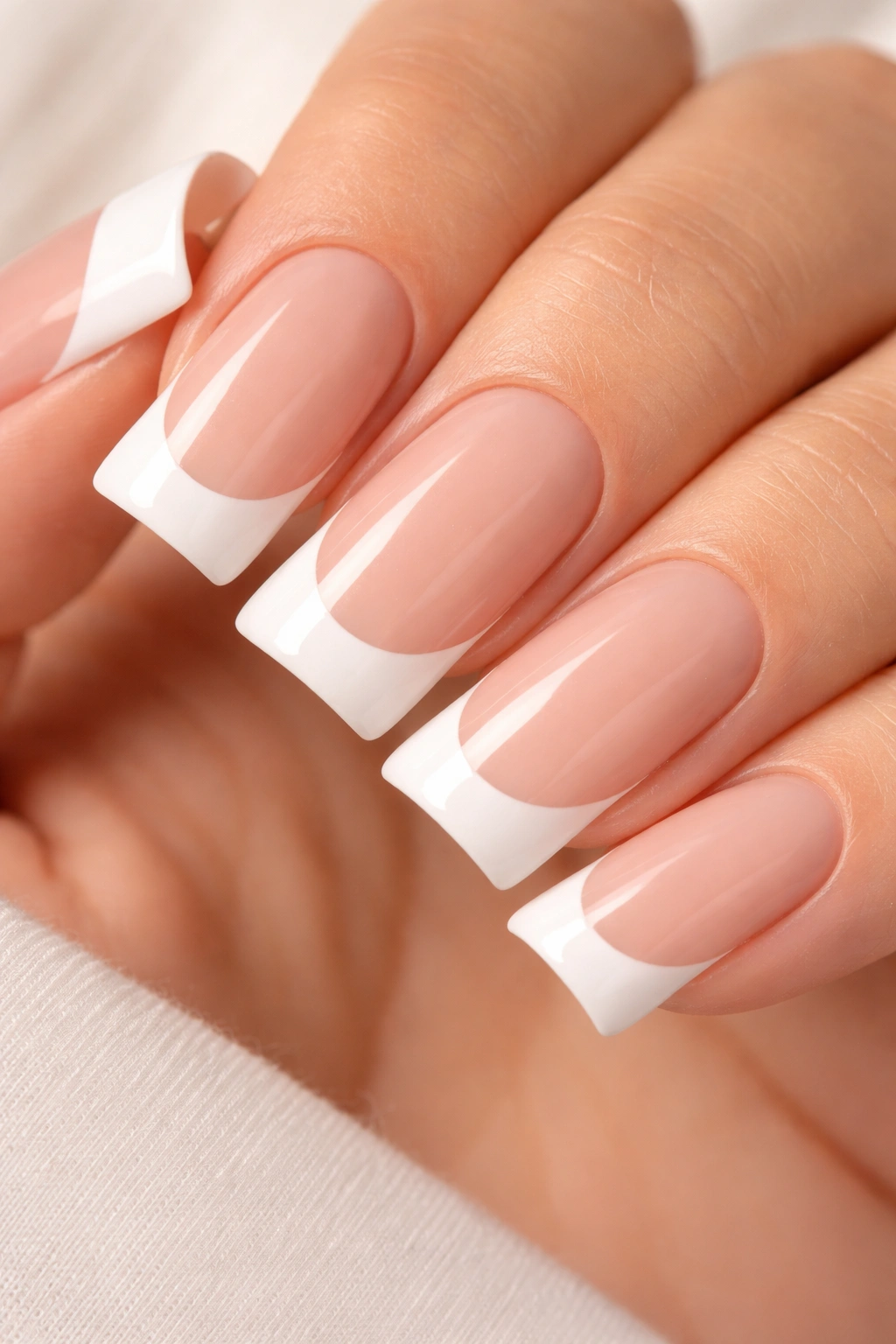 Close-up of duck nails on nude base with white tips
