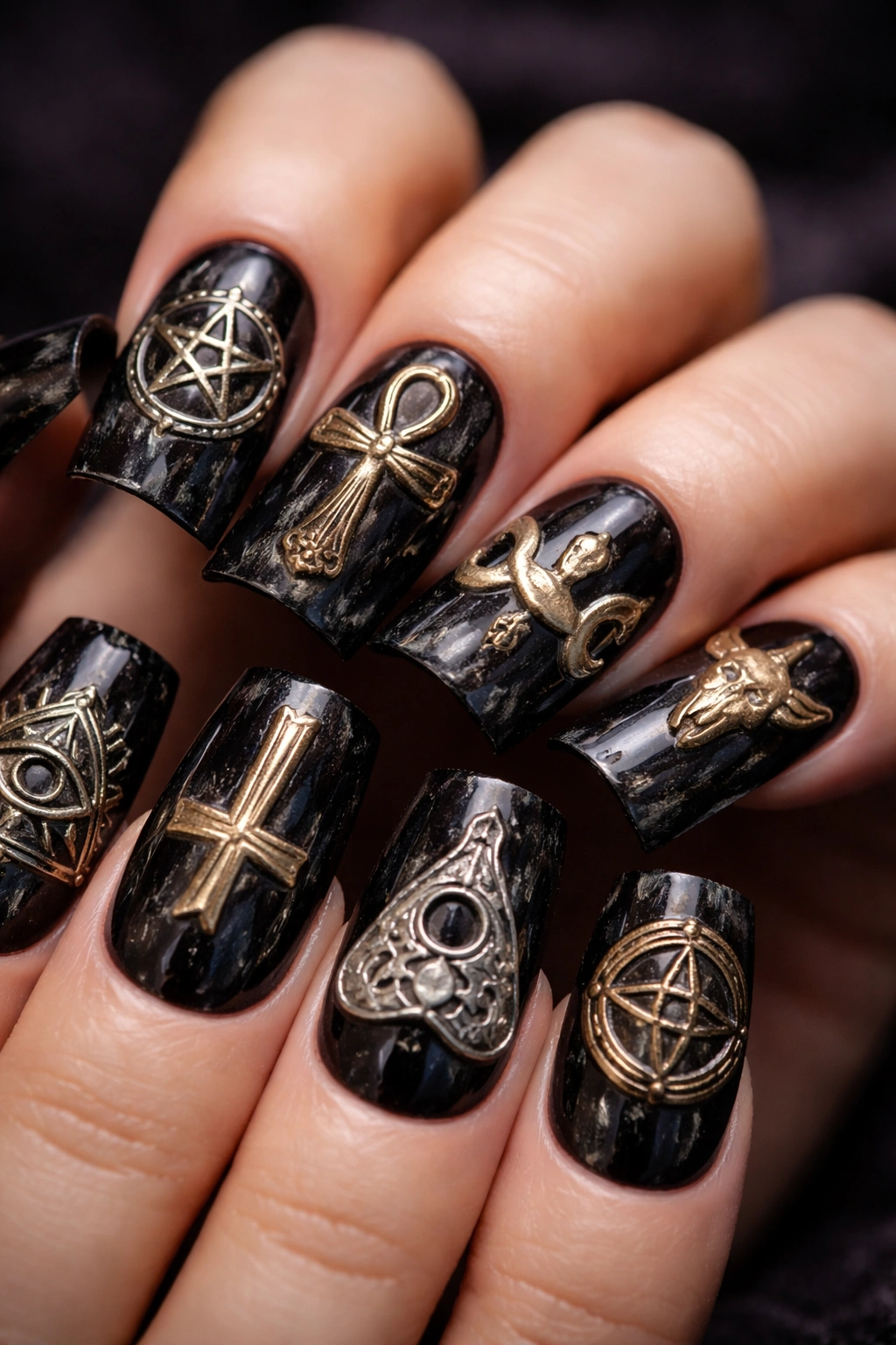 Duck nails displaying metallic occult symbols on dark background