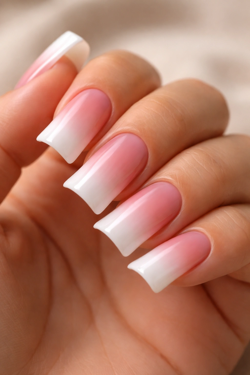 Ombré blush to white duck tips on short nails