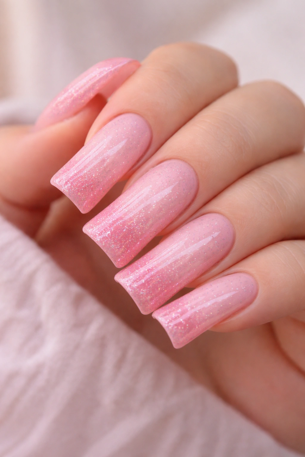 Close-up of duck nails with soft pink ombre and glitter on a hand