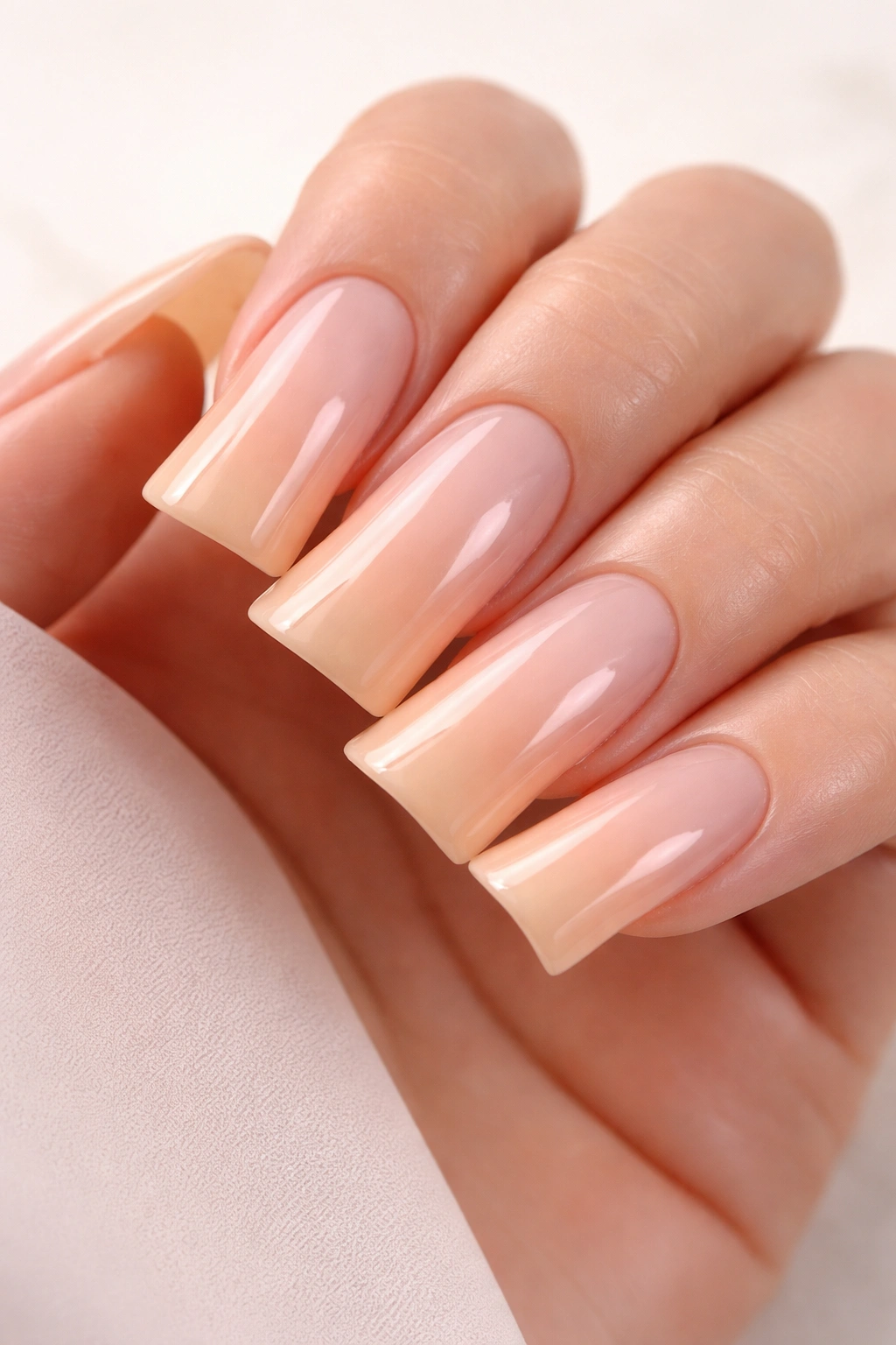 Close-up of duck nails in a soft peachy ombre gradient