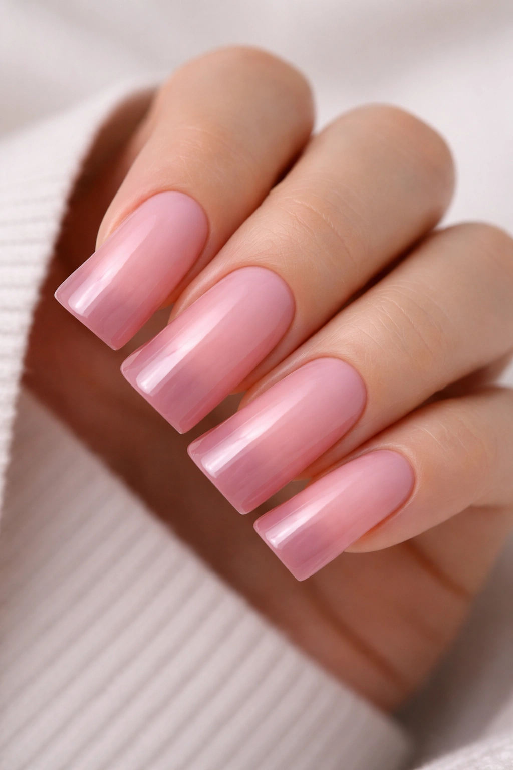 Close-up of duck nails with soft pink ombre gradient from blush to rose