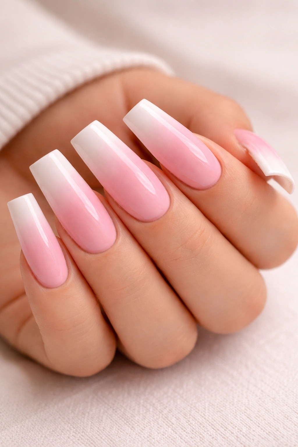 Duck nails with pink to white gradient from base to tip.