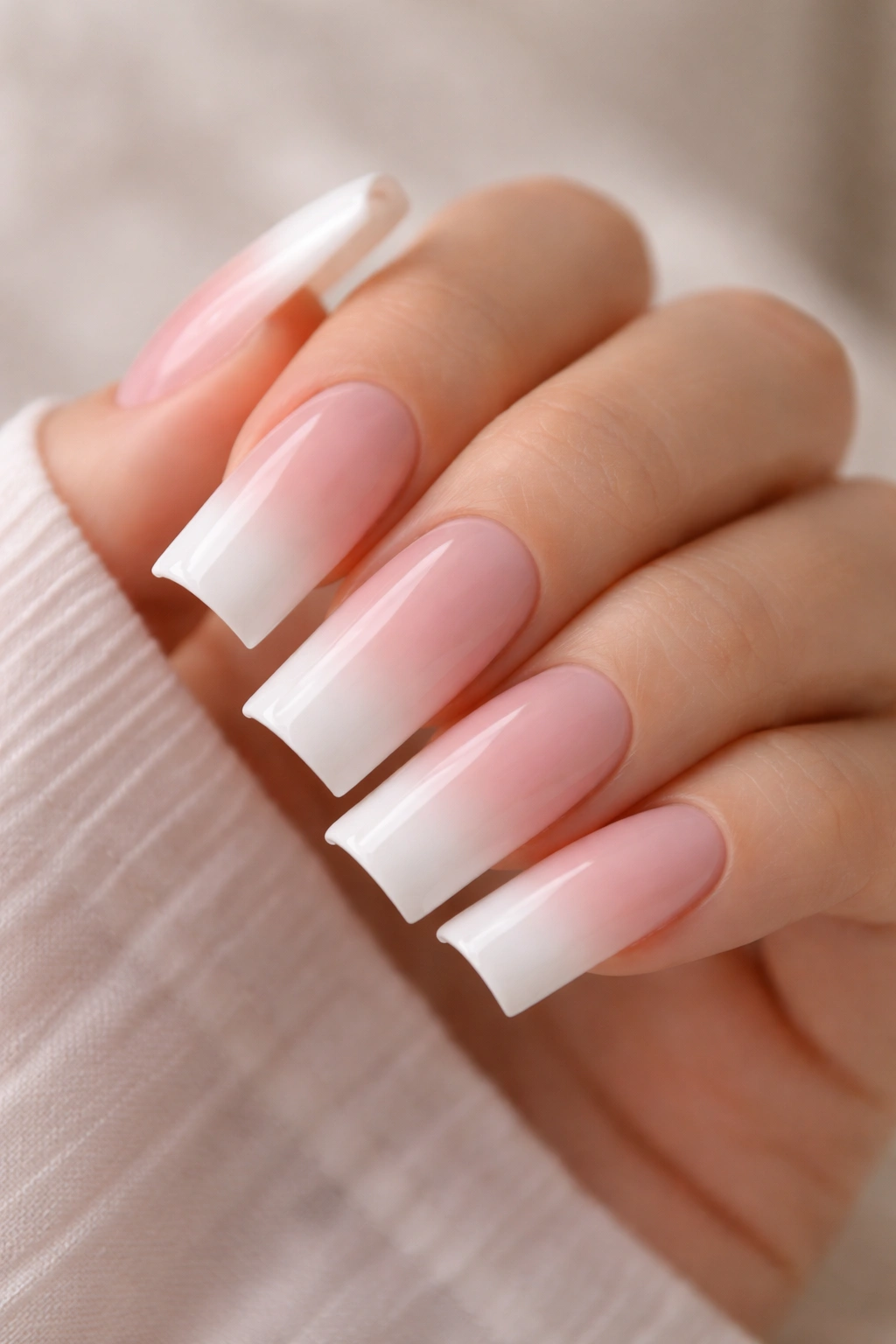 Close-up of duck nails with soft pink to white ombre French tips