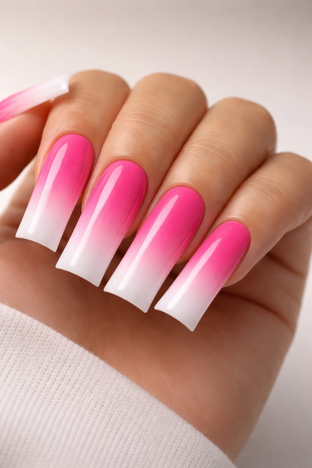 Hot pink to white ombre duck nails on a long coffin shape