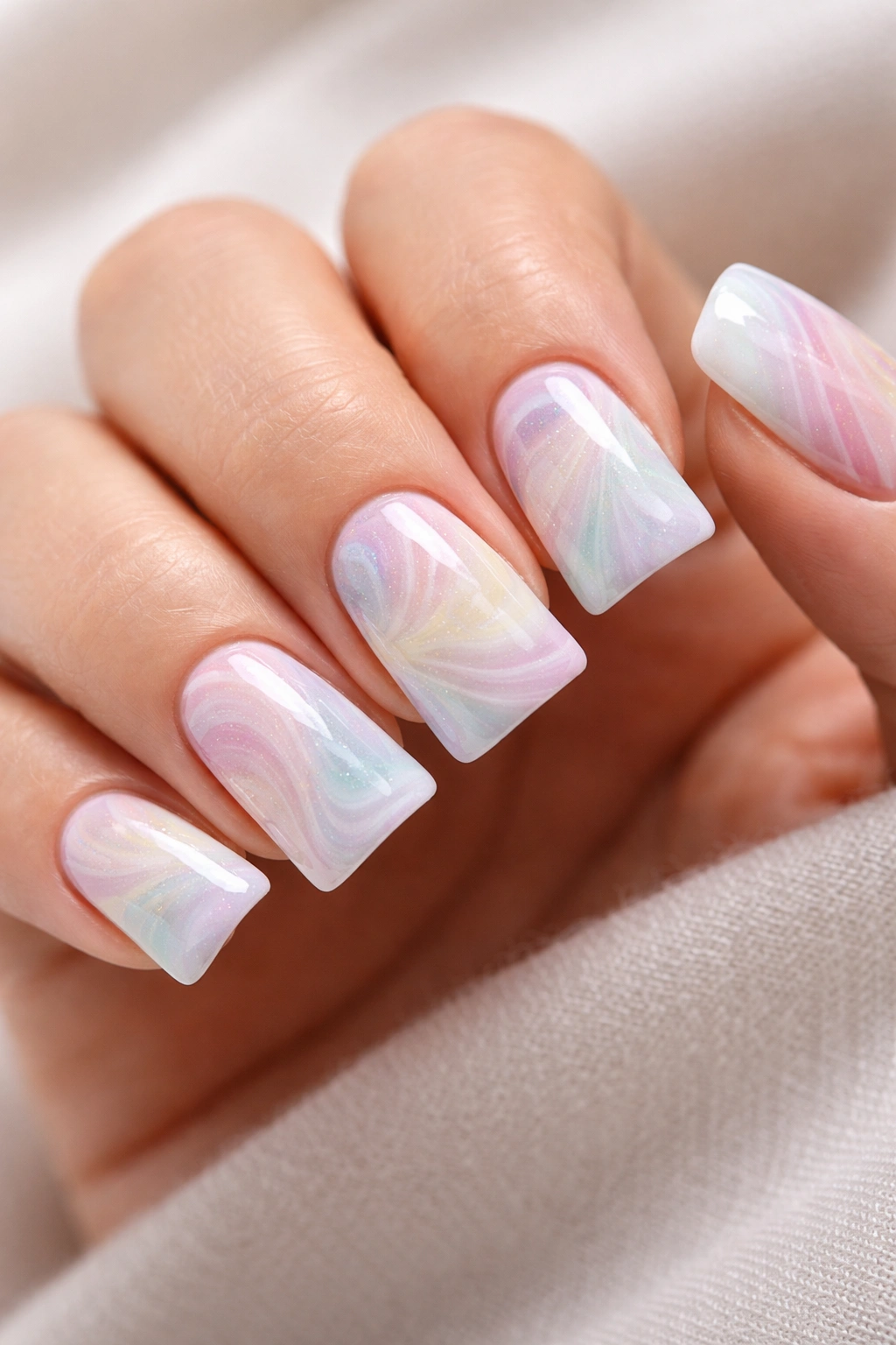 Close-up of soft pastel marble duck nails on short nails