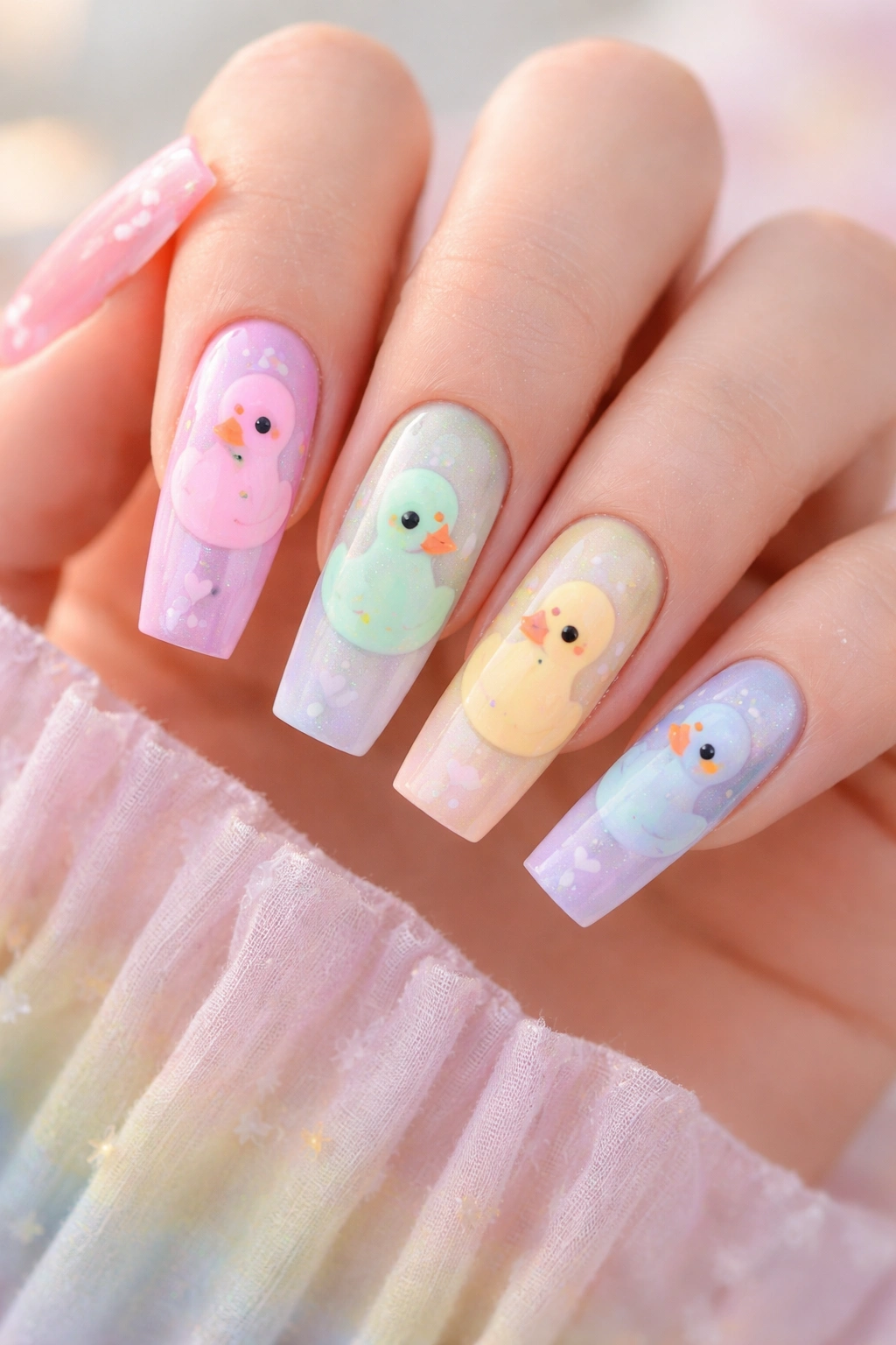 Close-up of long nails showing pastel rainbow ducks on each nail