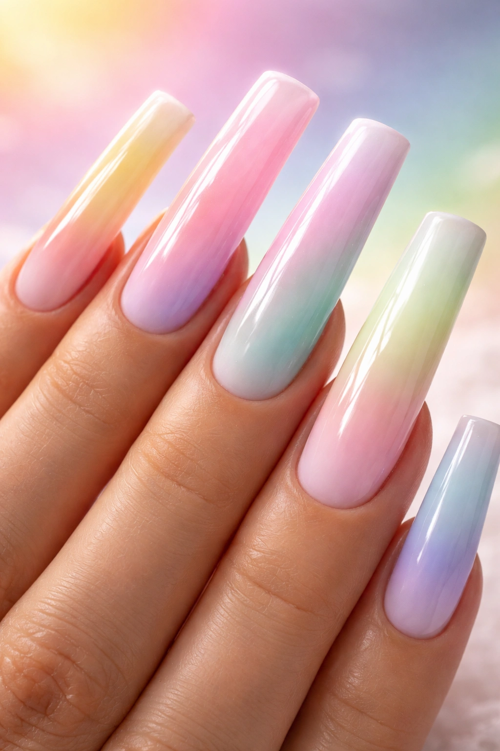 Duck nails with pastel rainbow gradient across long curved tips.